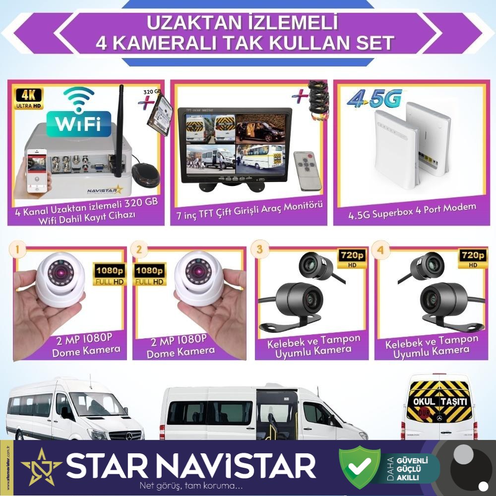 Uzaktan izlemeli 4 Kameralı Wifi 4G 320 Gb Harddisk 7 Inç Ekranlı Araç Kamera Seti