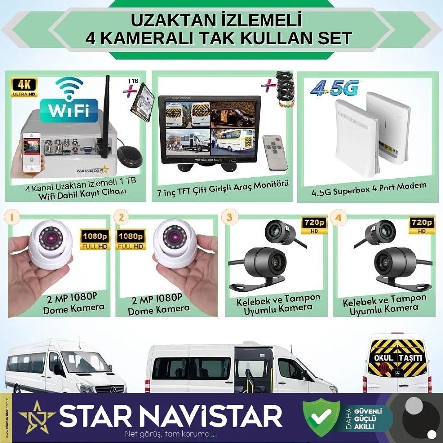 Uzaktan Izlemeli 4 Kameralı Wifi 4G 1 Tb Harddisk 7 Inç Ekranlı Araç Kamera Seti