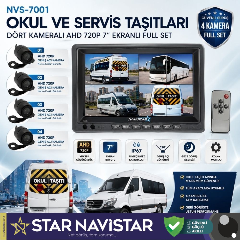 Okul Ve Servis Taşıtları Dört Kameralı AHD 720P 7" Ekranlı 4 Kamera Dahil Full Set
