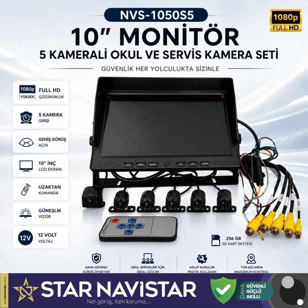 10" Monitör Beş Kameralı 720p Kayıtlı Servis ve Okul Taşıt Kamera Seti