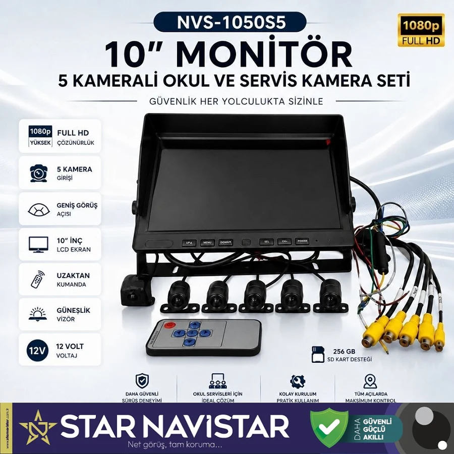 10" Monitör Beş Kameralı 720p Kayıtlı Servis ve Okul Taşıt Kamera Seti