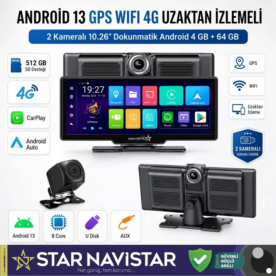 Kayıtlı 2 Kameralı Android 13 WIFI GPS 4G Uzaktan izlemeli 4 GB + 64 GB Carplay 512 GB Destekli Tak Kullan Kamera Seti