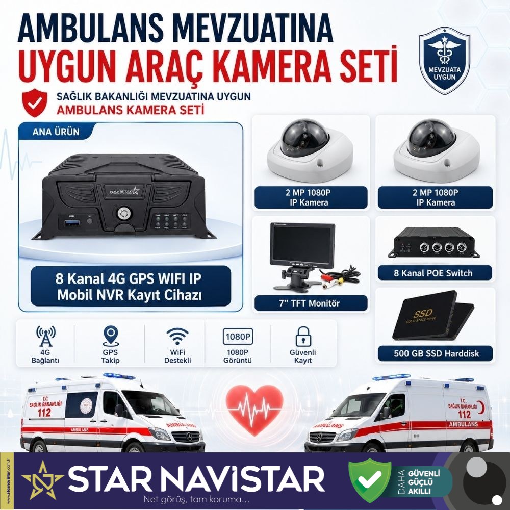 Ambulans Mevzuatına Uygun 2 Kameralı 8 Kanal Mobil NVR 500 GB 7 inç Monitörlü Tak Kullan Set