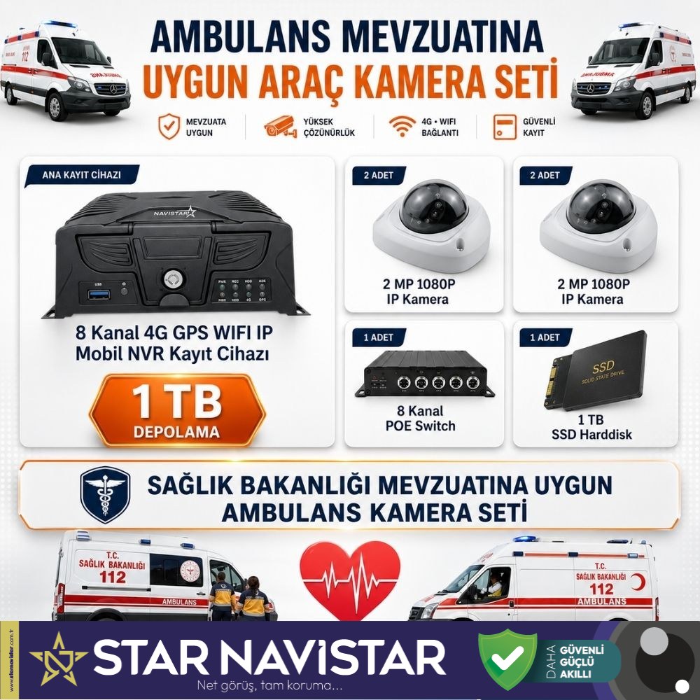 Ambulans Mevzuatına Uygun 1 TB 2 Kameralı 8 Kanal Mobil NVR Tak Kullan Set