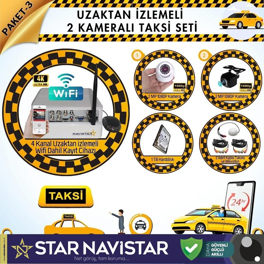 Taksi Kamera Seti 3 Uzaktan Izlemeli 2 Kameralı Wifi 1 Tb Harddisk Dahil
