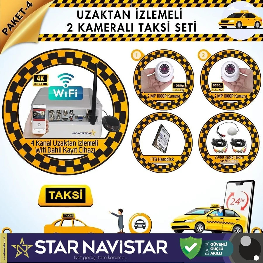 Taksi Kamera Seti 4 Uzaktan Izlemeli 2 Dome Kameralı Wifi 1 Tb Harddisk Dahil