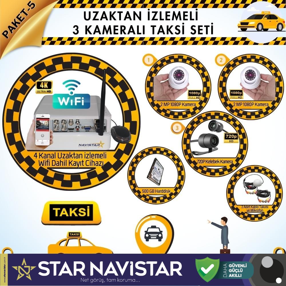 Taksi Kamera Seti 5 Uzaktan Izlemeli 3 Kameralı Wifi 500 Gb Harddisk Dahil