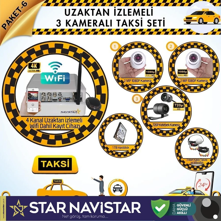 Taksi Kamera Seti 6 Uzaktan Izlemeli 3 Kameralı Wifi 1 Tb Harddisk Dahil