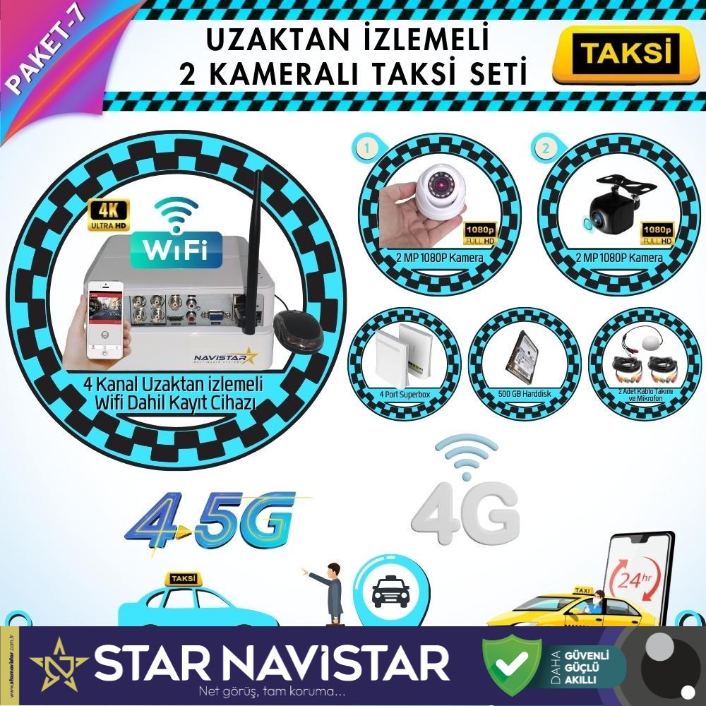 Taksi Kamera Seti 7 Uzaktan Izlemeli 2 Kameralı Wifi 4G 500 Gb Harddisk Dahil