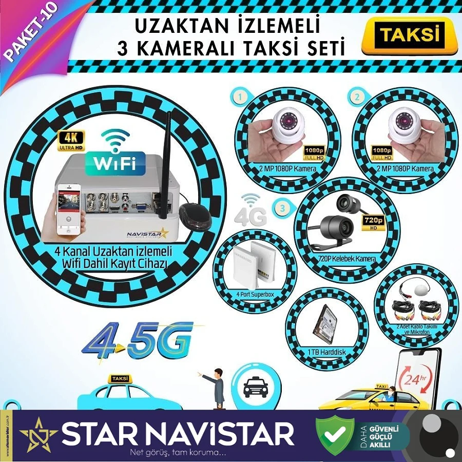 Taksi Kamera Seti 10 Uzaktan Izlemeli 3 Kameralı Wifi 4G 1 Tb Harddisk Dahil
