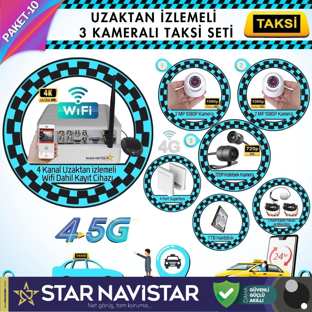 Taksi Kamera Seti 10 Uzaktan Izlemeli 3 Kameralı Wifi 4G 1 Tb Harddisk Dahil