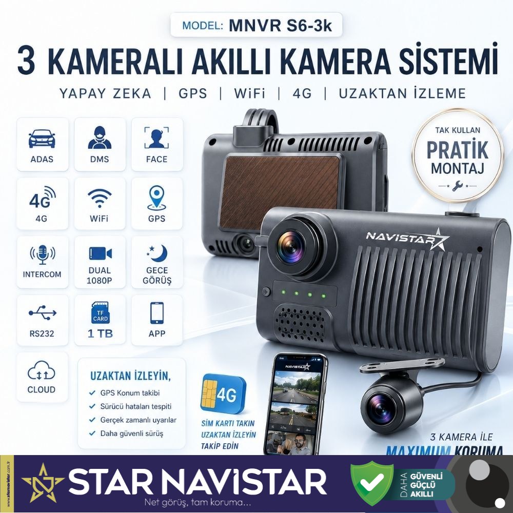 Uzaktan izlemeli 3 Kameralı Wifi GPS 4G Yapay Zeka destekli Akıllı Dashcam Taksi Kamera Sistemi