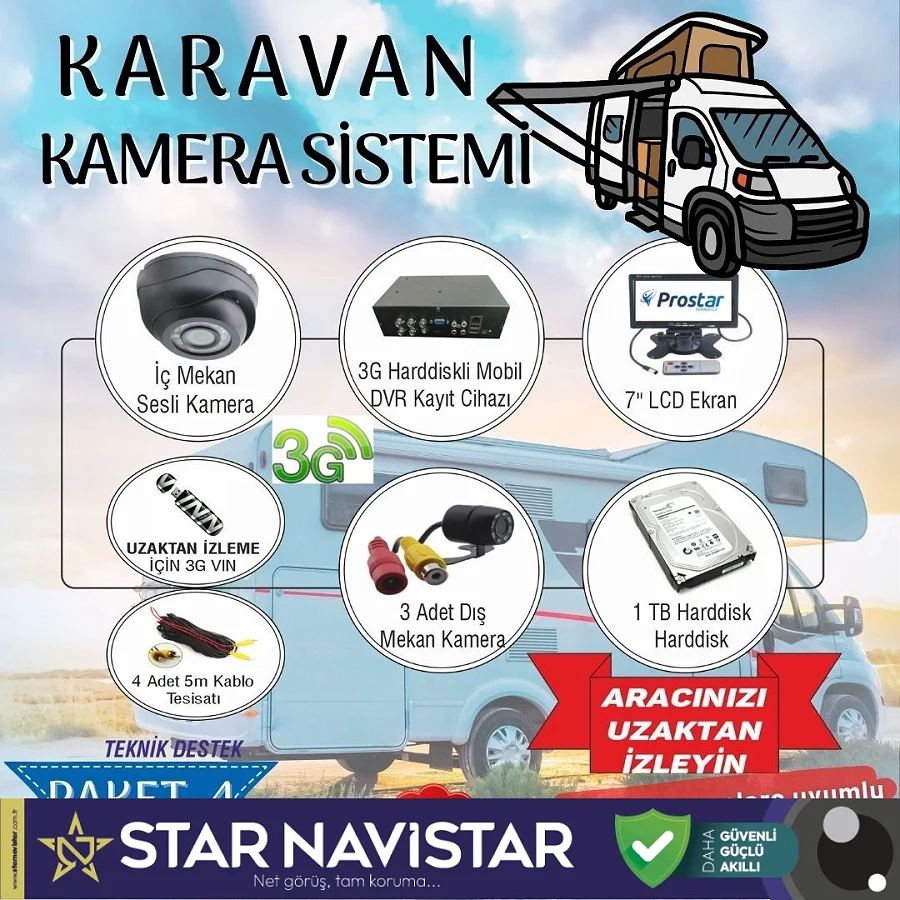 Uzaktan Takipli Karavan Kamera Sistemi Seti Kayıtlı Harddiskli 1 Tb Dahil 4 Kameralı Ekranlı