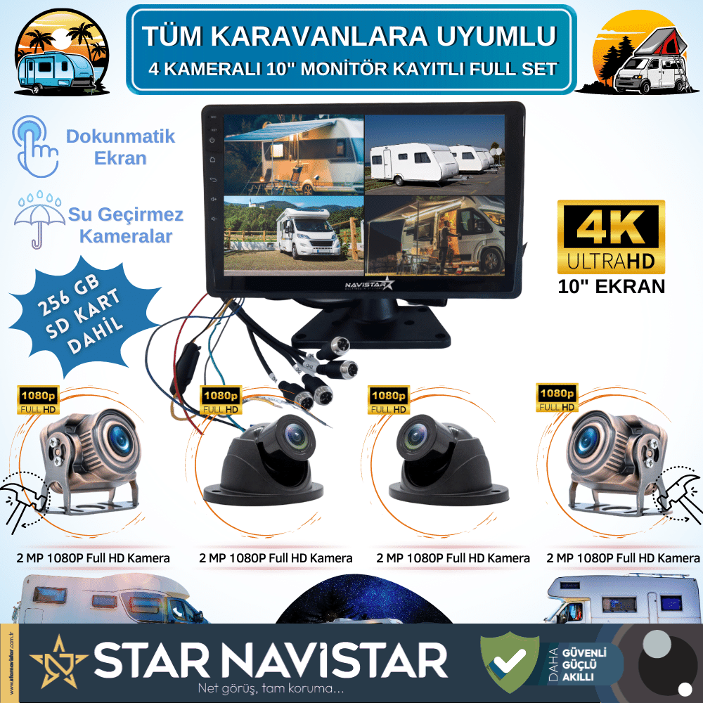 256 Gb Sd Dahil Karavan Kamera Seti 4 Kameralı 10 Inç Dokunmatik Ekranlı Tak Kullan