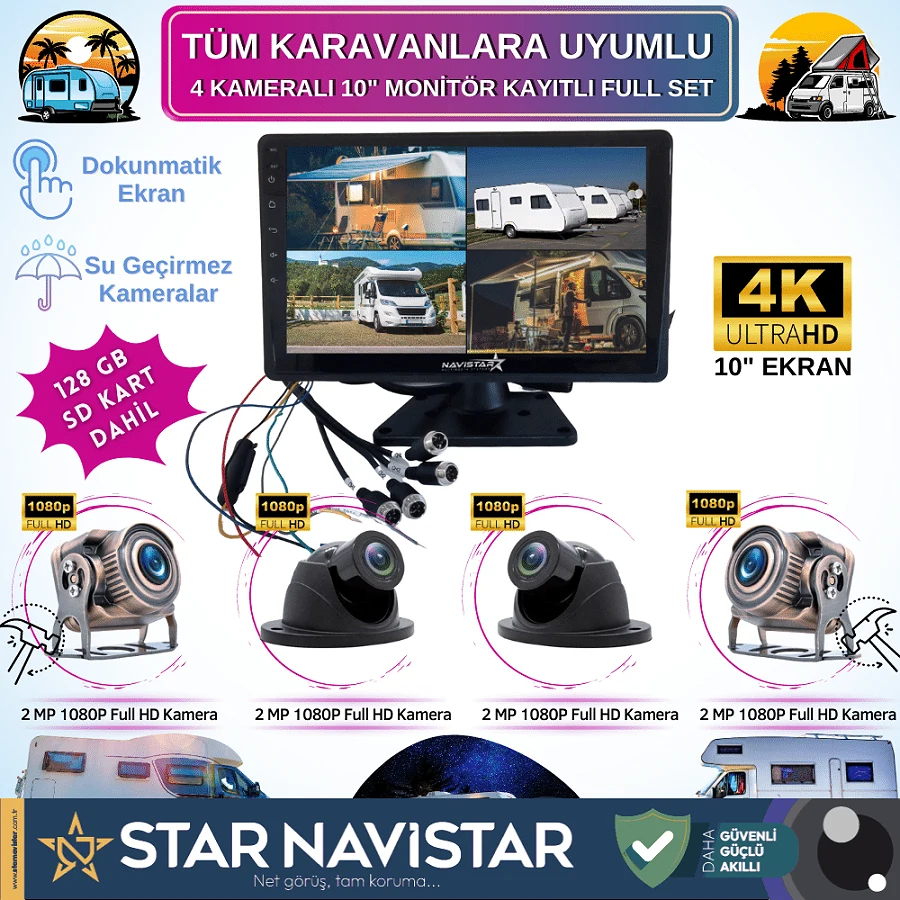 Karavan Kamera Seti 128 Gb Sd Dahil 4 Kameralı 10 Inç Dokunmatik Ekranlı Tak Kullan