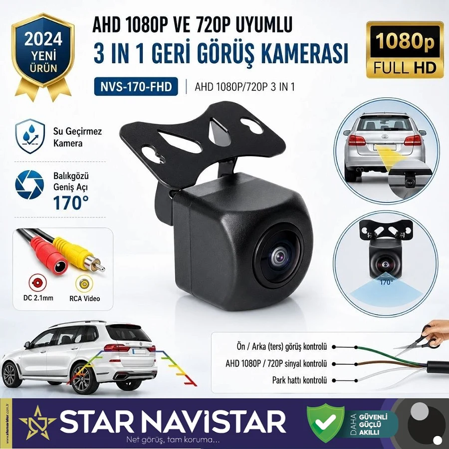 Balıkgözü AHD 1080P ve 720P Çevirilebilir 170 Derece Geniş Açılı Geri Görüş Kamerası