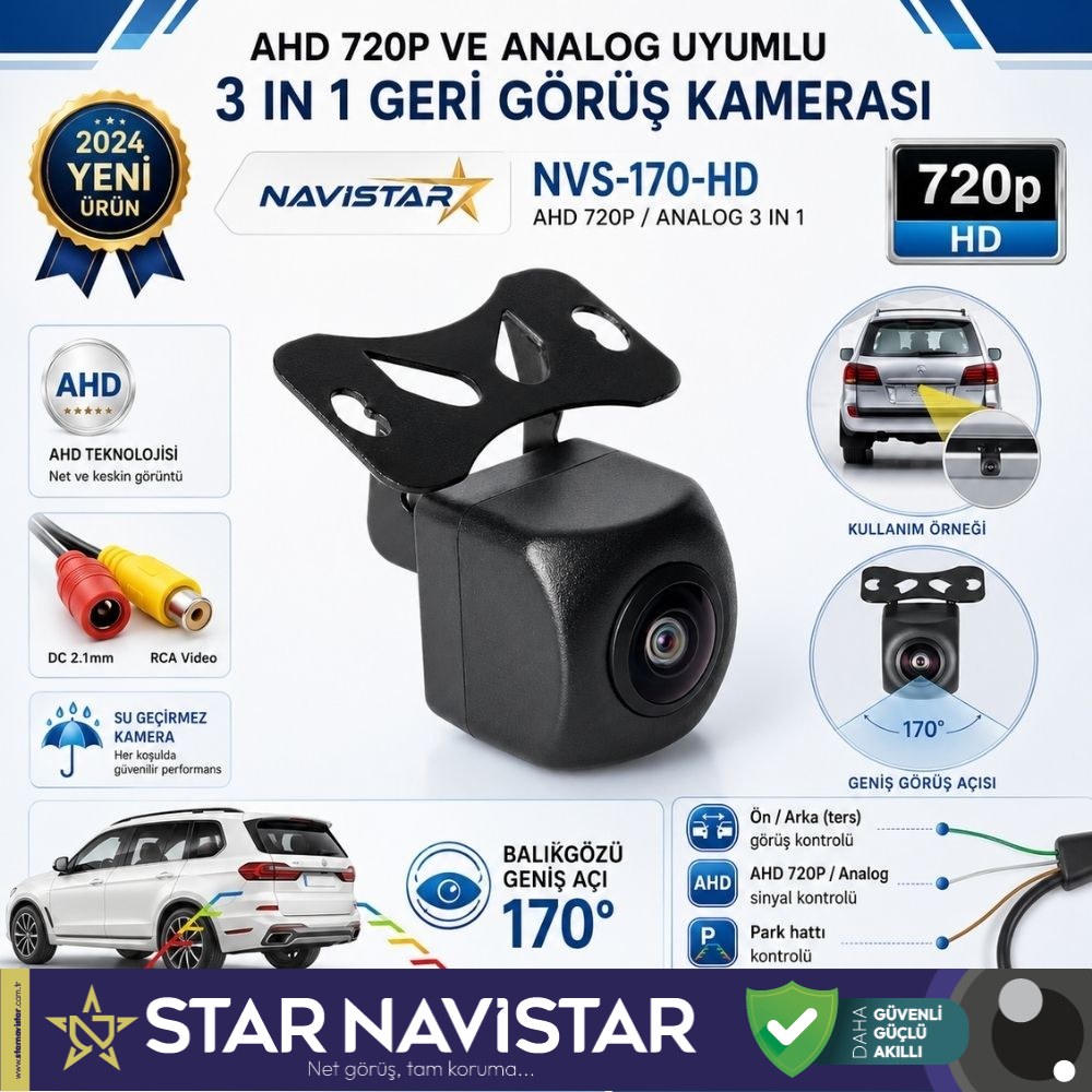 Balıkgözü AHD 720P ve Analog Çevirilebilir 170 Derece Geniş Açılı Geri Görüş Kamerası