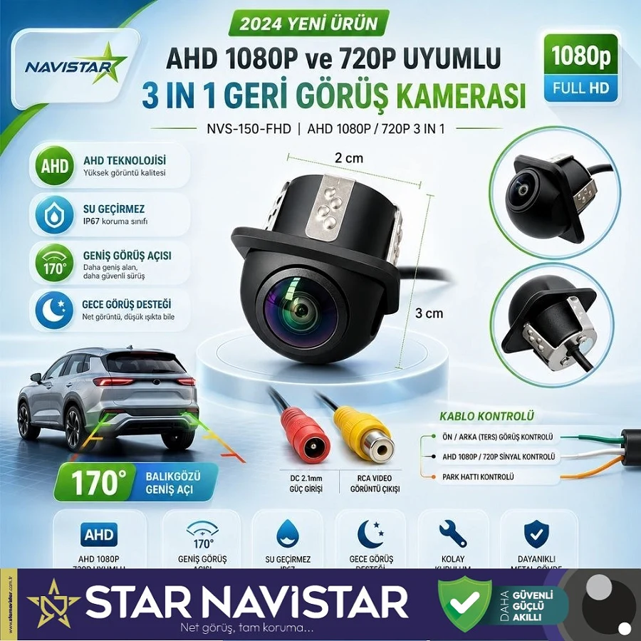 AHD 1080P ve 720P Çevrilebilir 170 Derece Balıkgözü Geniş Açılı  Geri Görüş Kamerası