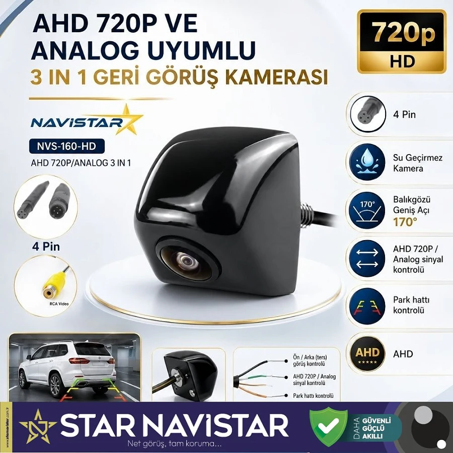 Piramit Balıkgözü AHD 720P ve Analog Çevrilebilir 170 Derece Geniş Açılı Geri Görüş Kamerası