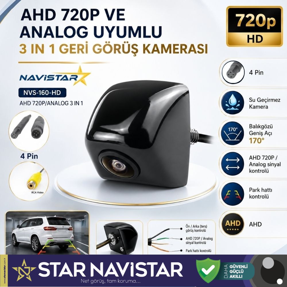 Piramit Balıkgözü AHD 720P ve Analog Çevrilebilir 170 Derece Geniş Açılı Geri Görüş Kamerası