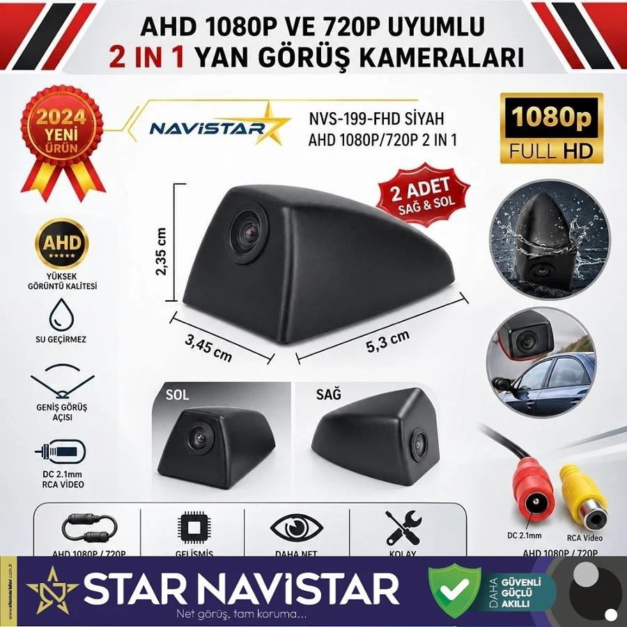 Yan Araç Kamerası AHD 1080P ve 720P Full HD Mini (Siyah) Özel Tasarım