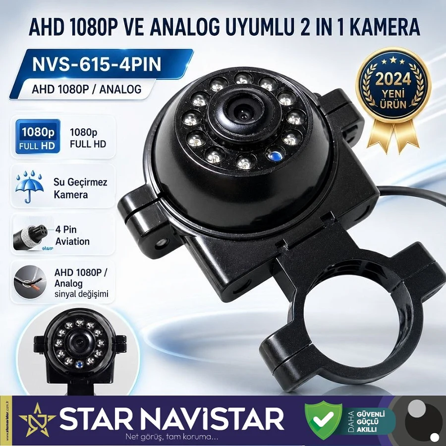 AHD 1080P ve Analog Pal Çevirilebilir 4 Pin Gece Görüşlü Araç Kamerası Metal Kelepçeli Yön Ayarlanabilir Full HD