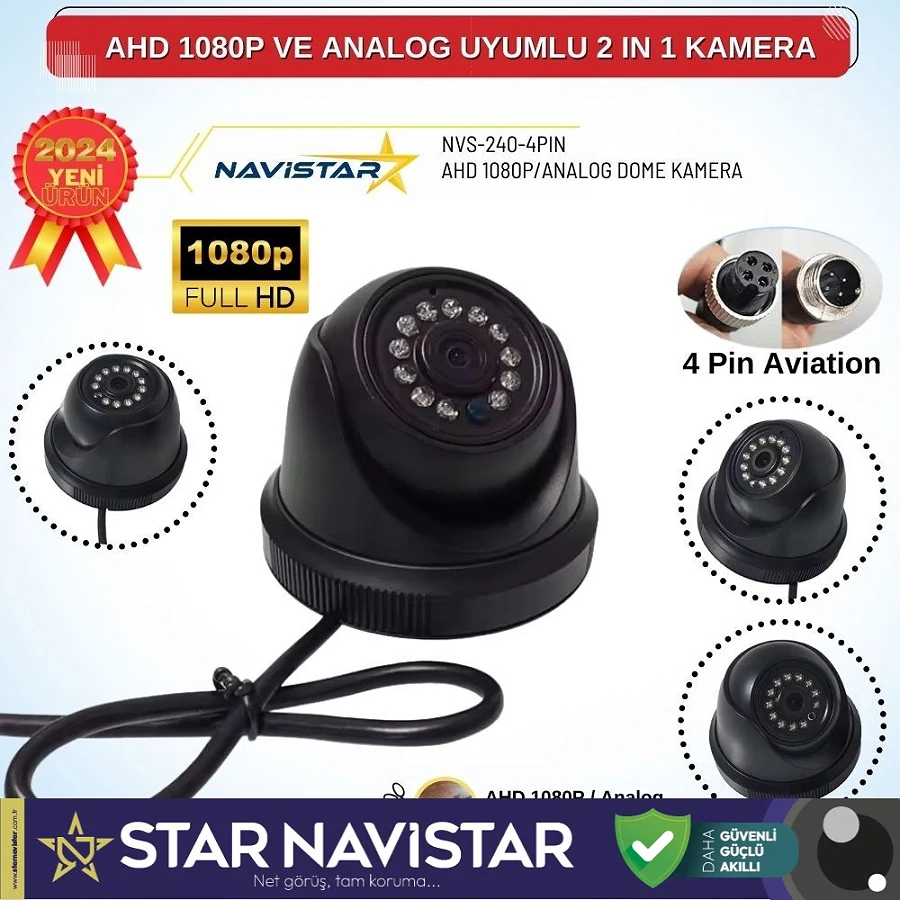 AHD 1080P ve Analog Pal Çevrilebilir 4 Pin Plastik Dome Araç Kamerası