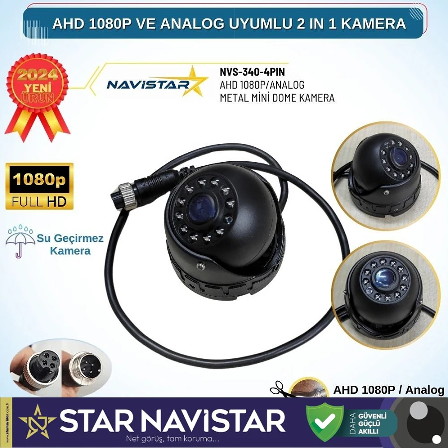 AHD 1080P ve Analog CVBS Pal Dönüştürülebilir Gece Görüşlü 4 Pin Mini Metal Dome Araç Kamerası
