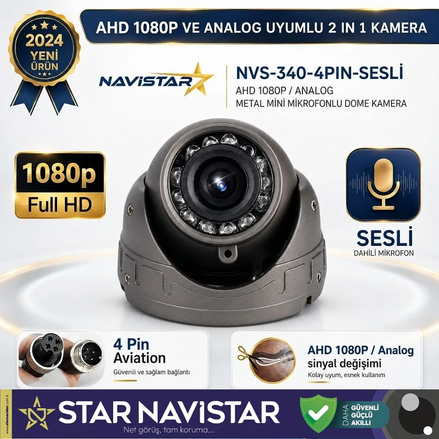 Mikrofonlu AHD 1080P ve Analog Pal Dönüşümlü Gece Görüşlü 4 Pin Mini Metal Dome Araç Kamerası