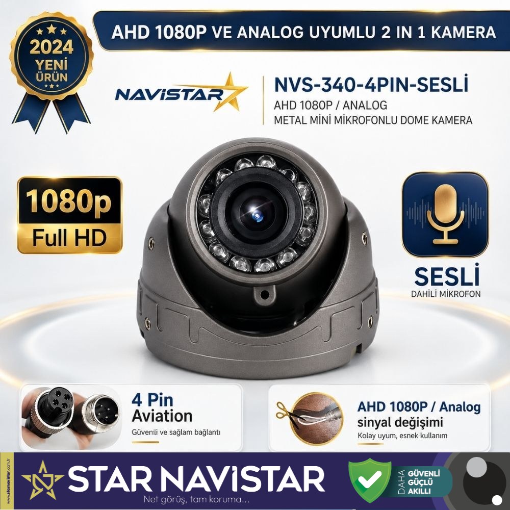 Mikrofonlu AHD 1080P ve Analog Pal Dönüşümlü Gece Görüşlü 4 Pin Mini Metal Dome Araç Kamerası