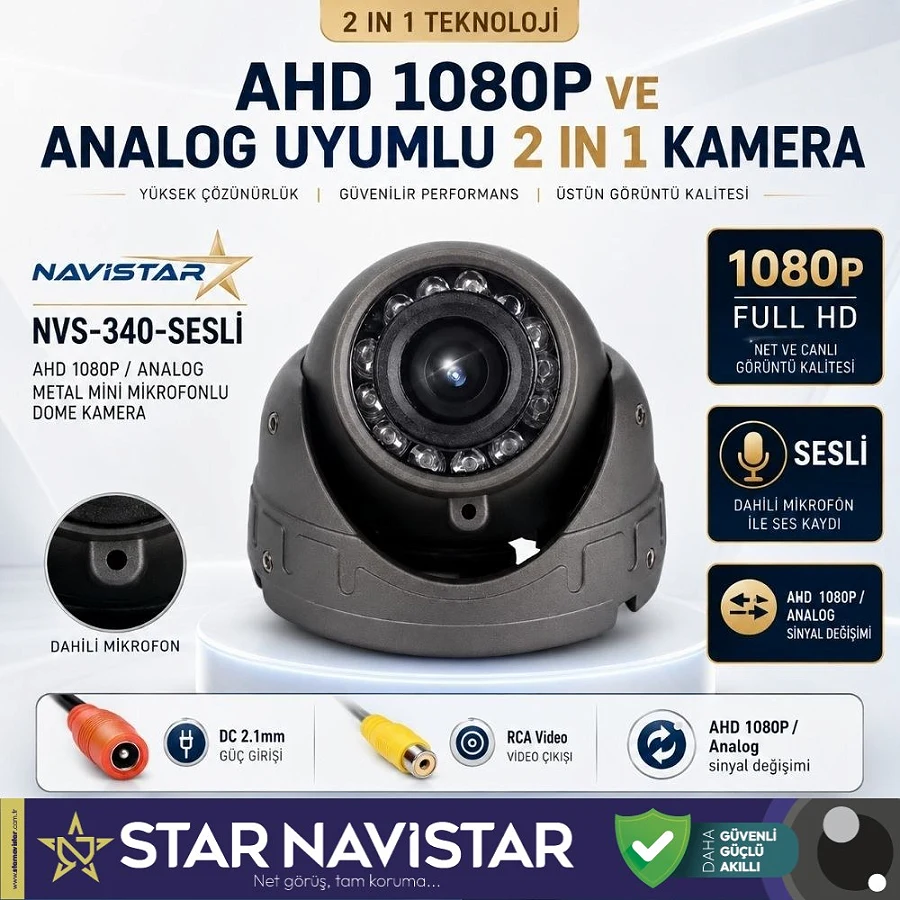 Mikrofonlu AHD 1080P ve Analog Pal Dönüşümlü Gece Görüşlü Mini Metal Dome Araç Kamerası