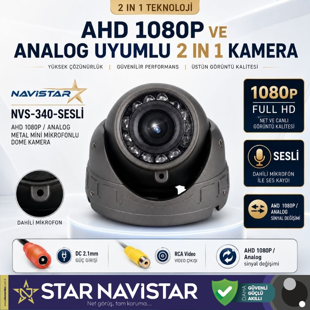 Mikrofonlu AHD 1080P ve Analog Pal Dönüşümlü Gece Görüşlü Mini Metal Dome Araç Kamerası