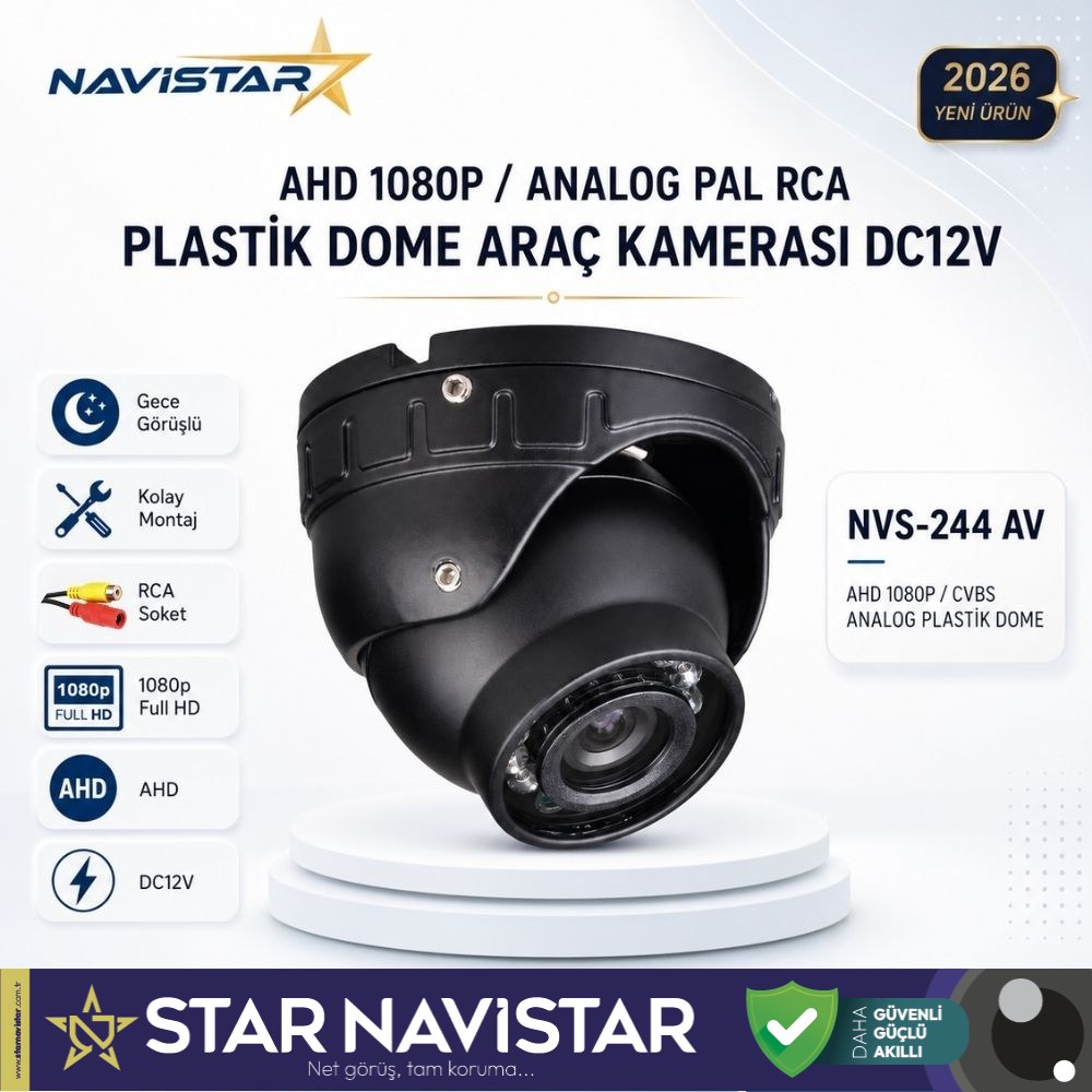 AHD 1080P/Analog CVBS Pal RCA Sarı Soketli Gece Görüşlü Araç İçi Dome Kamera