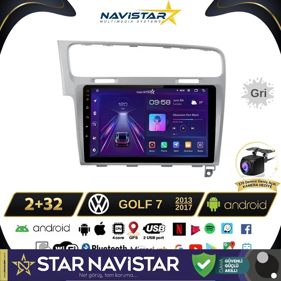 Vw Golf 7 Gri Çerçeve Kablosuz Carplay 2+32 GB Android 13 Navigasyon Multimedya Sistemi