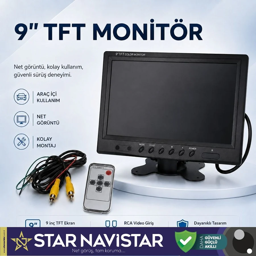 Araç Içi Monitör Büyük Ekran 9 Inç Tft Lcd 2 Kamera Girişli 5 Pinli Ve Rca