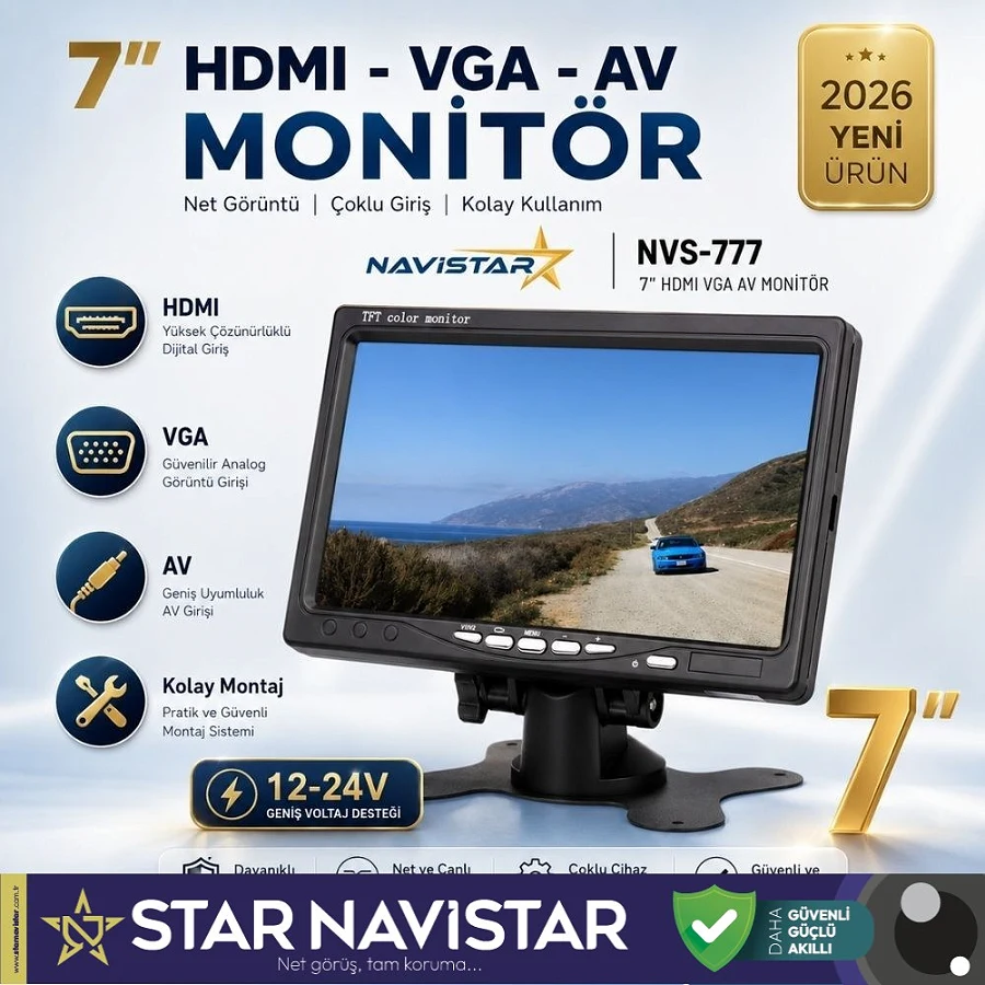Araç içi Monitör 7" VGA - HDMI - AV Girişli TFT LCD Ekran