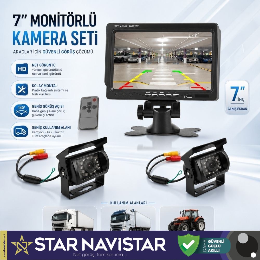 Kamyon Tır Traktör 2 Kameralı 7" Ekranlı Kamera Seti