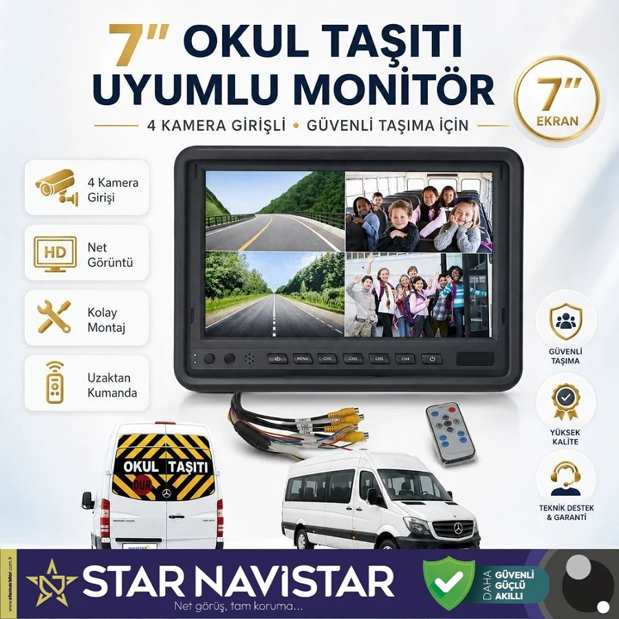 Okul ve Servis Taşıtları için Dörde Bölünebilen 7" Quad Monitör