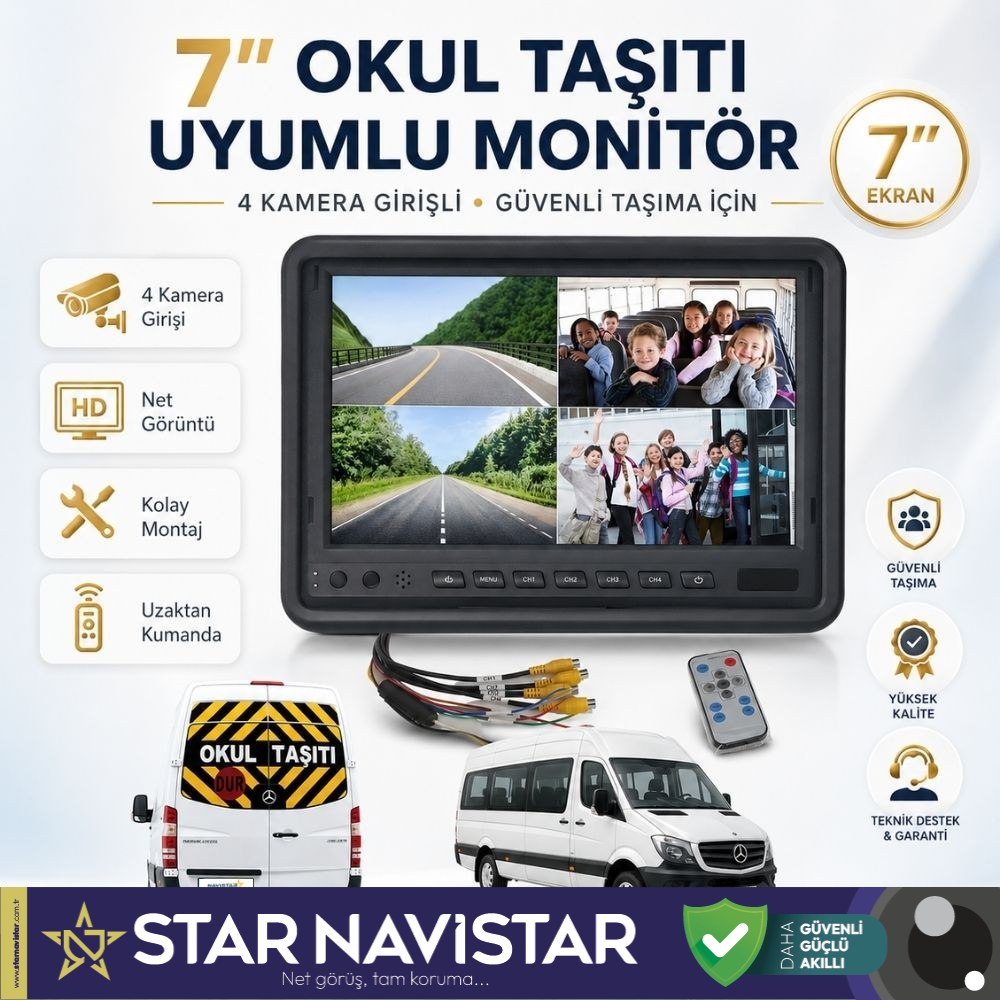 Okul ve Servis Taşıtları için Dörde Bölünebilen 7" Quad Monitör