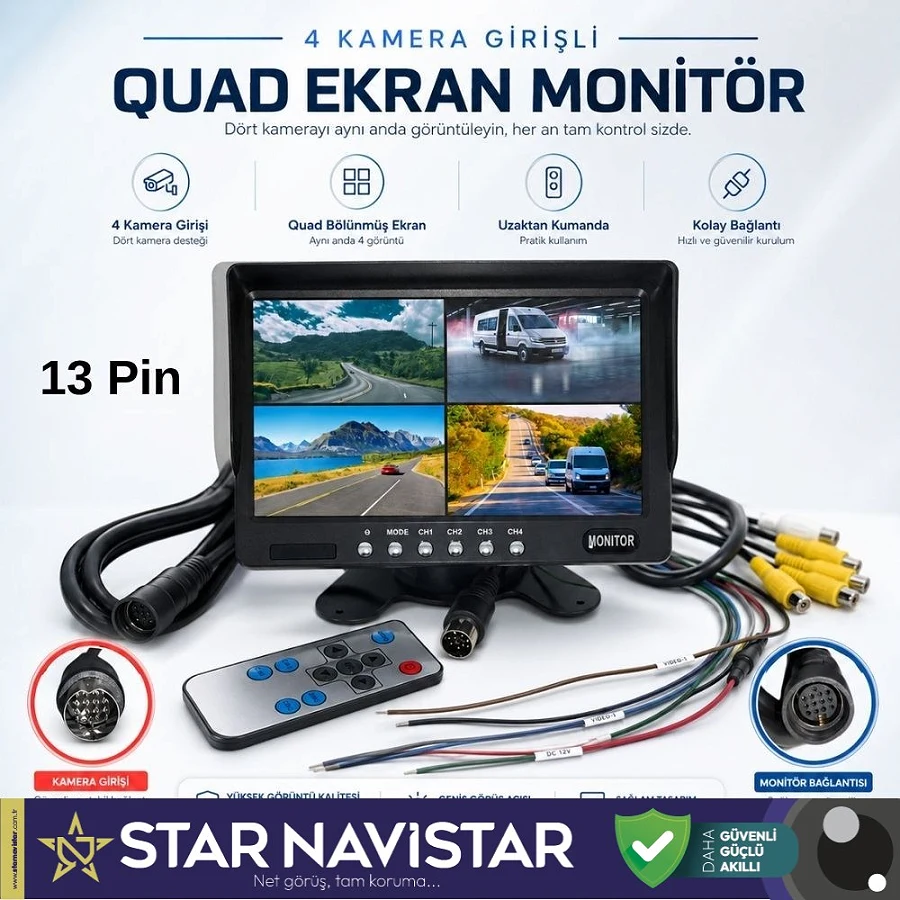 Orjinal 7" Dörde Bölünür Araç Monitörü 13 Pin Çıkışlı 4 Kamera Girişli Ekran