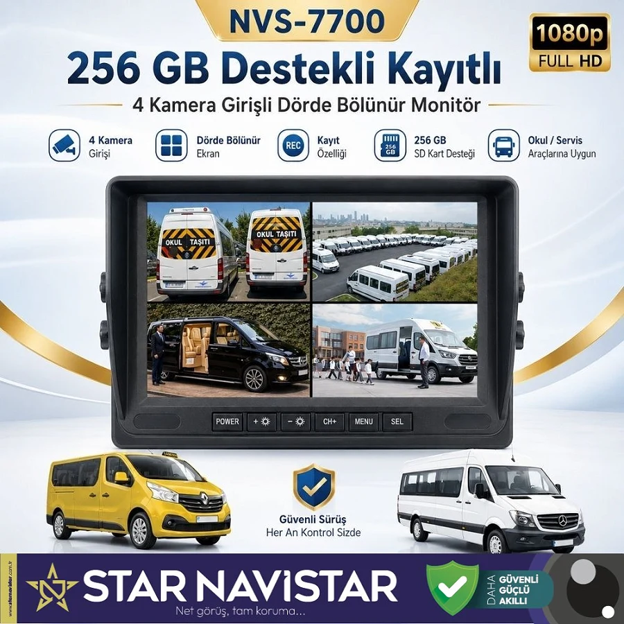Tüm Araçlara Uyumlu 7 Inç Dörde Bölünebilir Kayıtlı 256 Gb Destekli Monitör