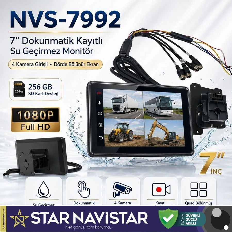 7" Su Geçirmez Dokunmatik Kayıtlı 4 Kamera Girişli 256 GB SD Destekli Monitör