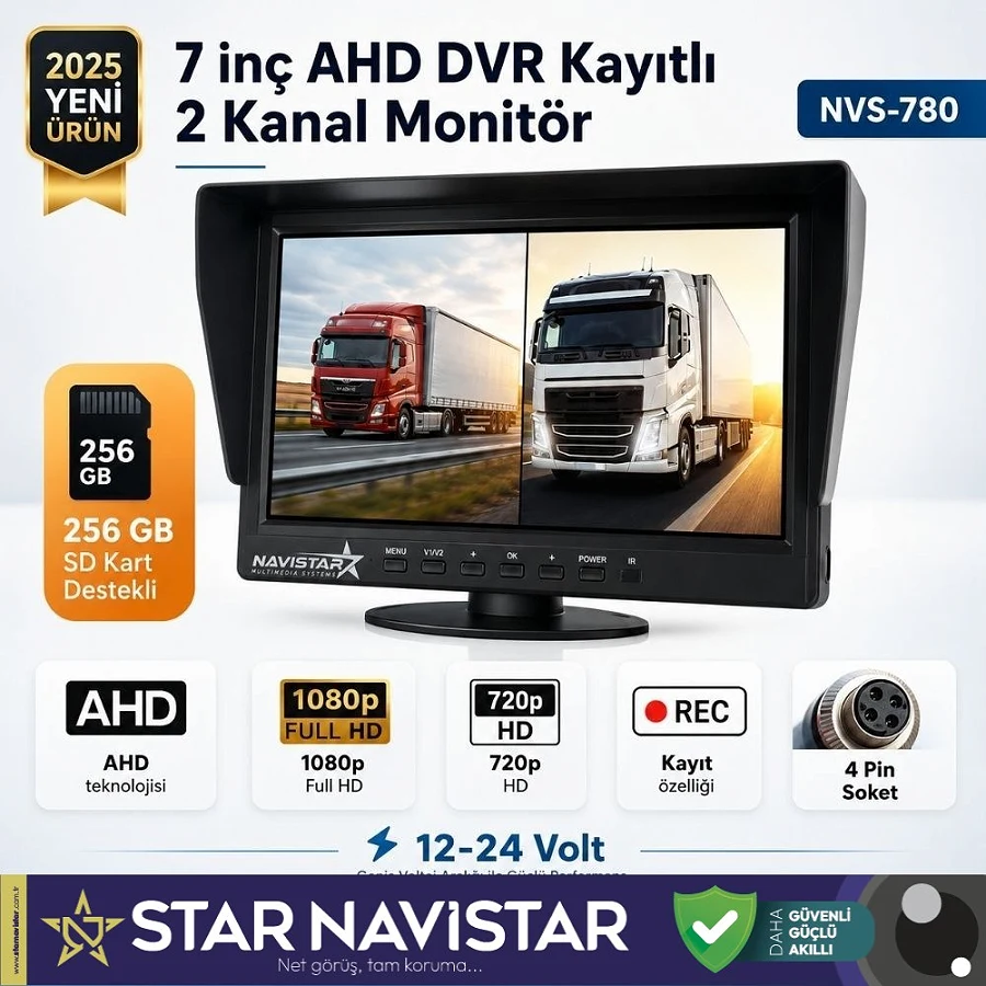 Kayıtlı 7 inç ikiye Bölen 2 Kanal Split AHD 1080P/720P destekli 4 Pin 256 GB SD Destekli Monitör