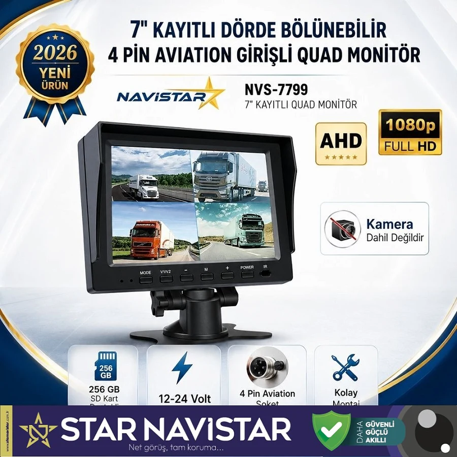 7 inç Dörde Bölünebilir Kayıtlı Quad Monitör 4 Pin Aviation Girişli AHD 1080P/720P/CVBS Analog Pal Ntsc 256GB SD Kart Destekli
