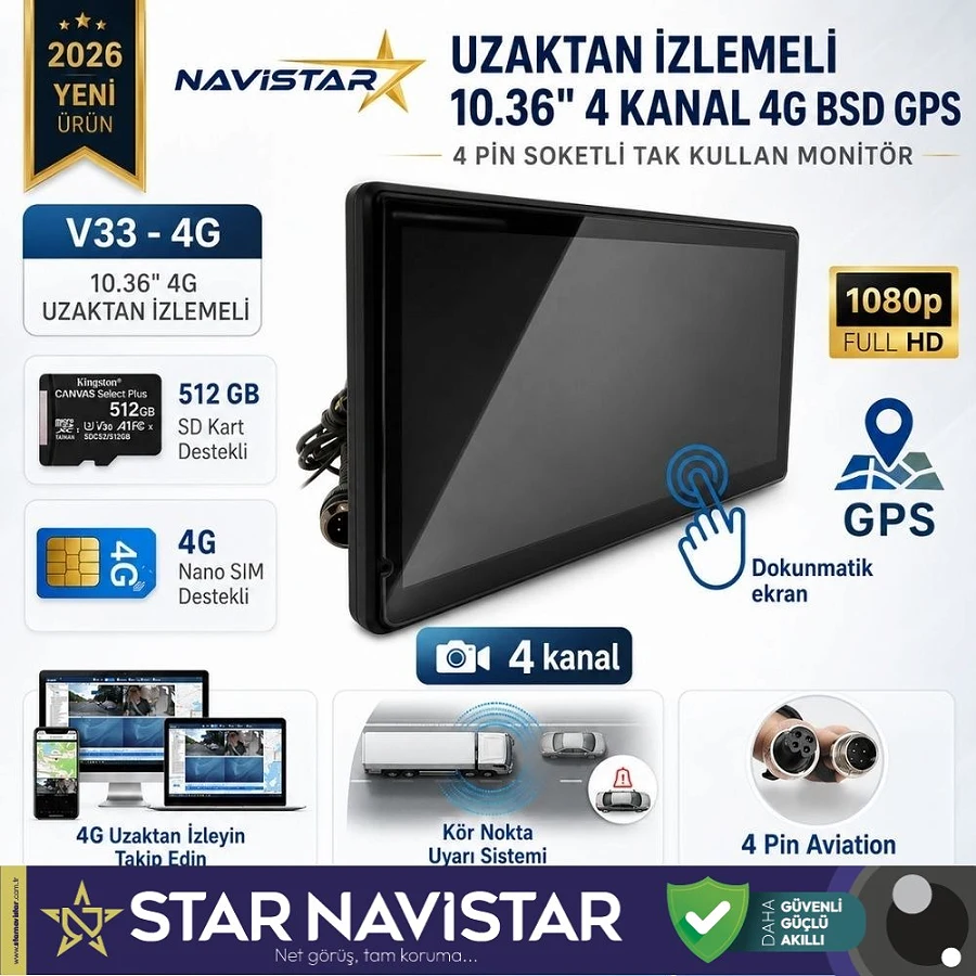 Uzaktan izlemeli 10.36 inç Dokunmatik 4 Kanal 4G GPS BSD Kör Nokta Uyarı Sistemli Monitör