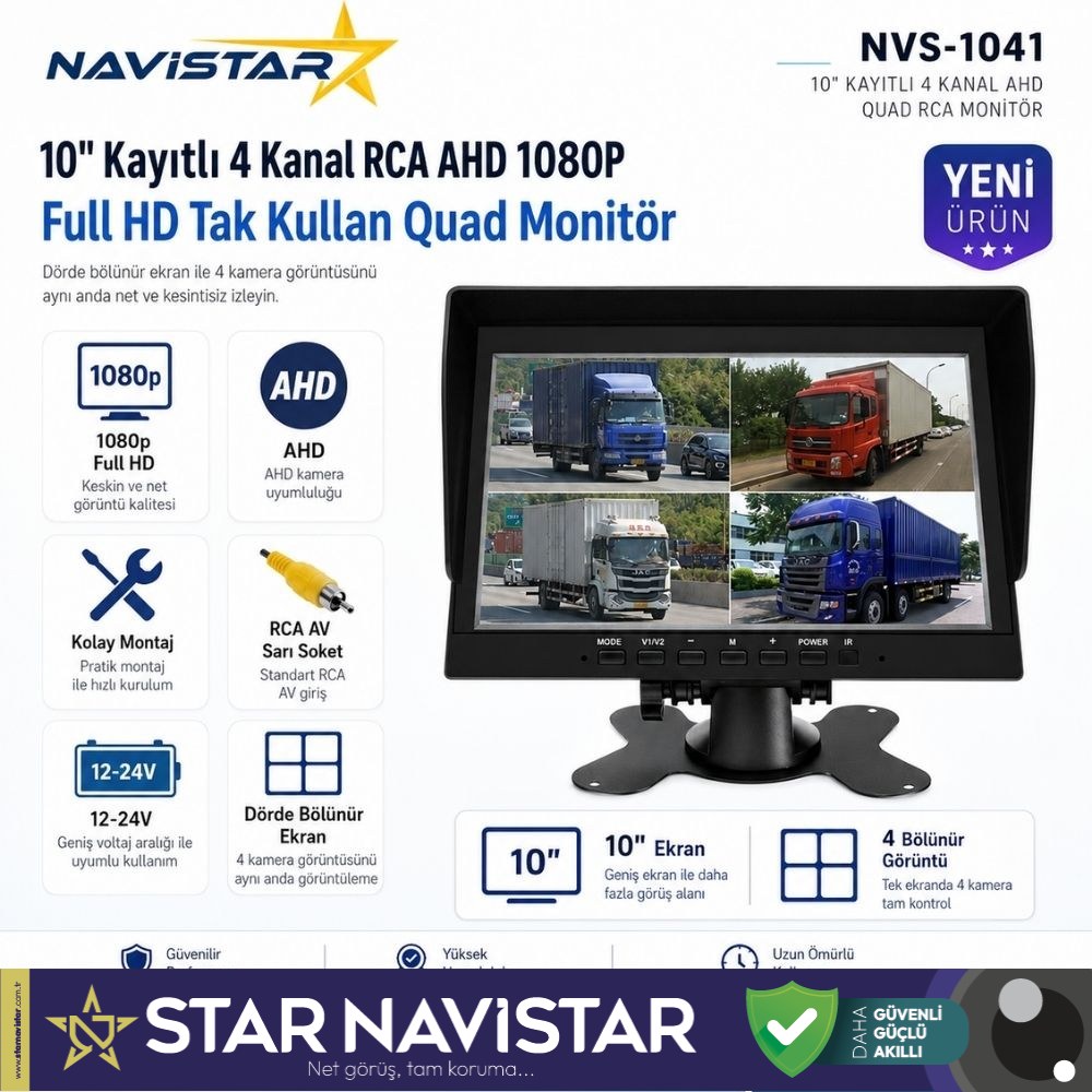 Kayıtlı 10 inç 4 Kanal Full HD Tak Kullan Quad AHD Analog Uyumlu RCA AV Araç Monitörü 12-24V