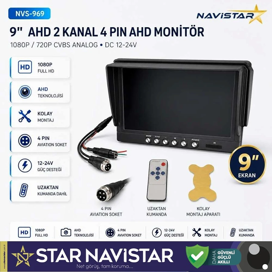 9 inç AHD 2 Kanal Full HD Araç Monitörü AHD 1080P/720P + CVBS Analog Uyumlu 12-24V