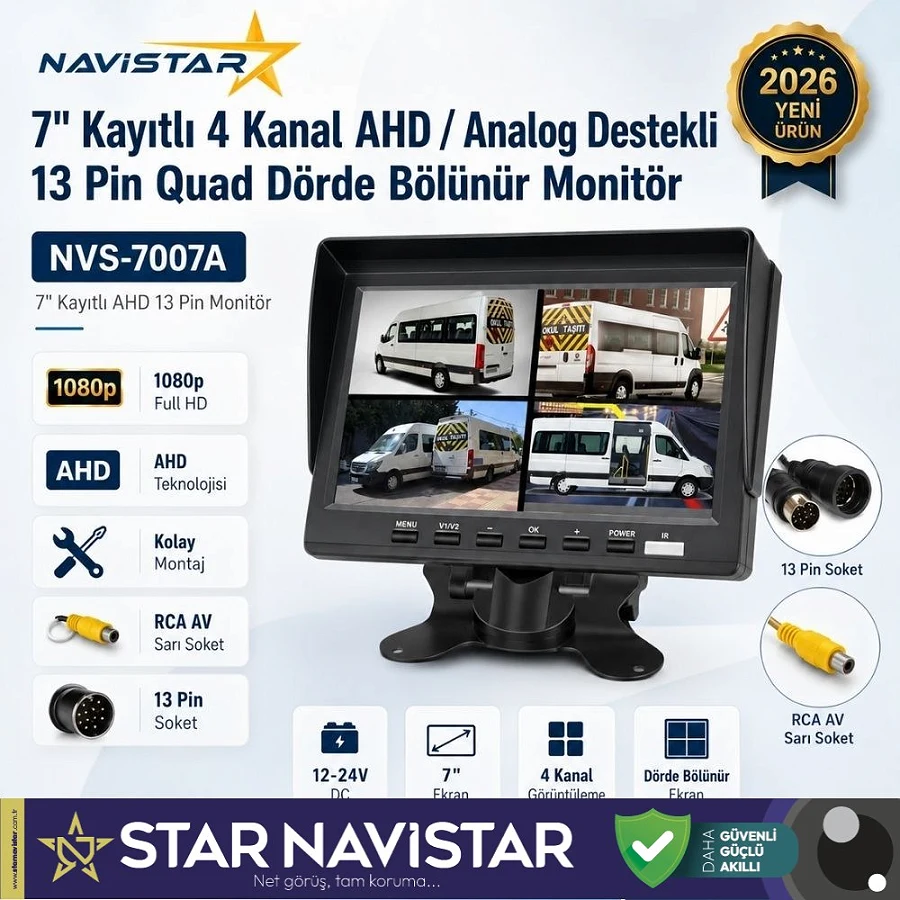 Kayıtlı 7 inç 4 Kanal 13 Pin IPS AHD 1080P 720P Analog 256 GB SD Destekli Quad Araç Monitörü 12-24V