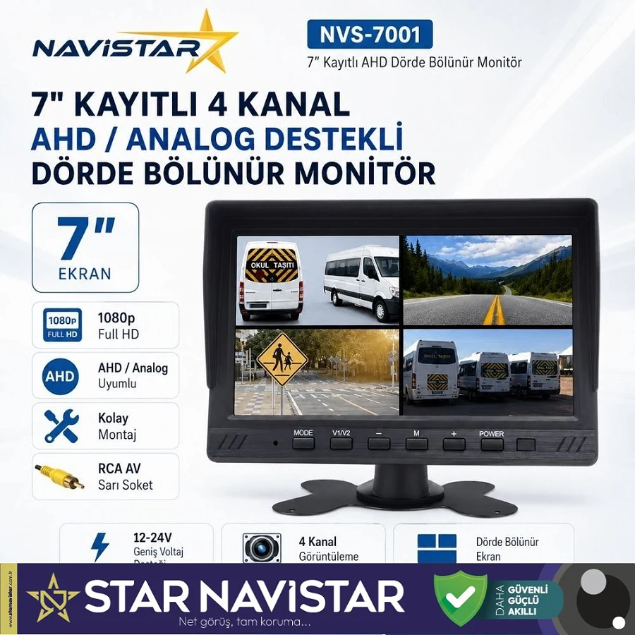 Kayıtlı 7 inç AHD Analog 4 Kanal Full HD Quad Araç Monitörü RCA Bağlantılı 12-24V