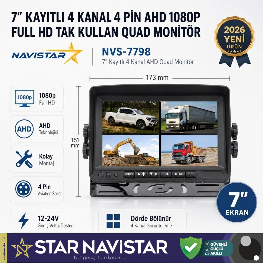 Kayıtlı 7 inç 4 Kanal Full HD Quad AHD/Analog 4 Pin Araç Monitörü 256 GB SD Kart Destekli 12-24V